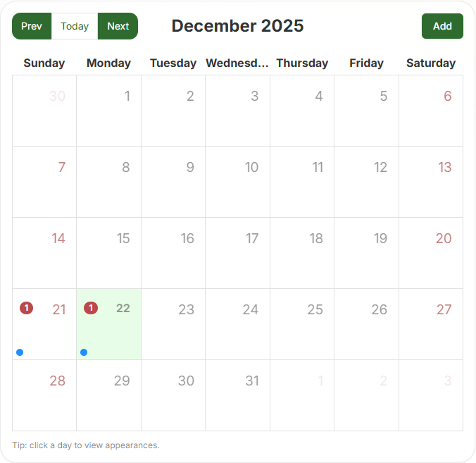 Calendar view showing scheduled market appearances