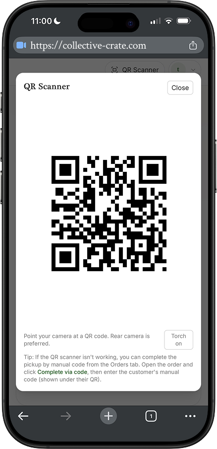 Vendor scanning a QR code on a phone to fulfill an order