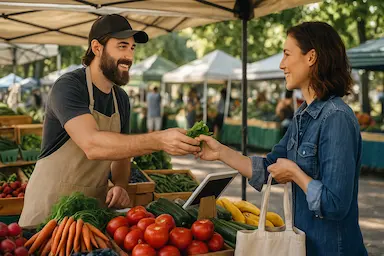 Local vendor handing a bunch of fresh carrots to a customer at an outdoor market stall